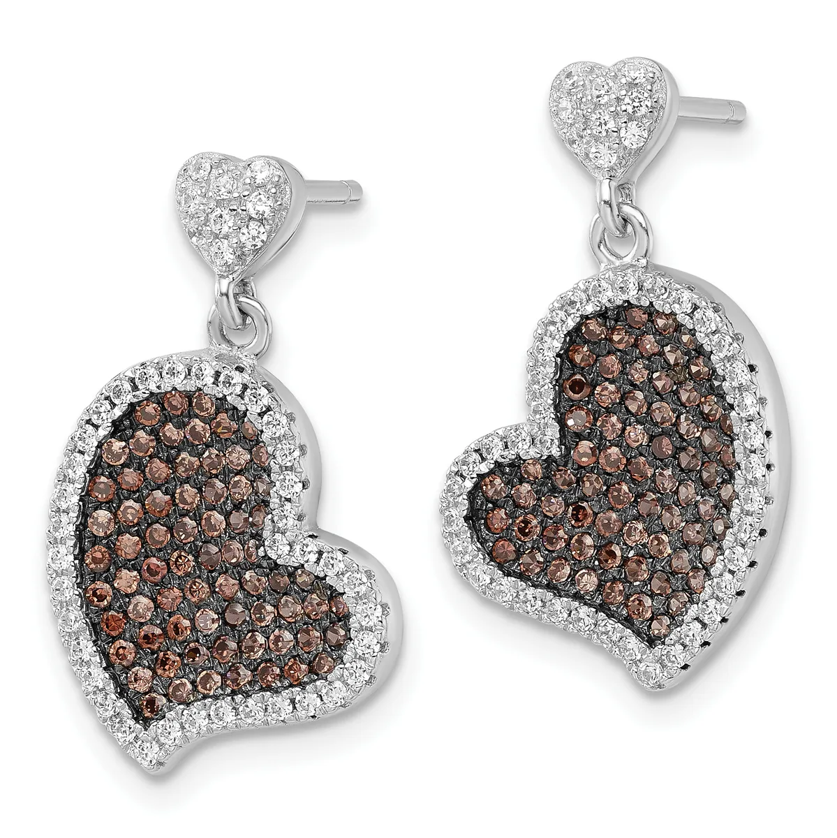 Pair of silver heart-shaped drop earrings with white diamond halos and brown diamond-filled centers, suspended from small heart-shaped studs.