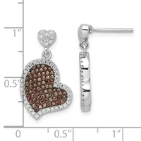 Silver heart dangle earrings with small diamond-shaped studs at top and larger heart-shaped pendants paved with brown and white crystals, shown next to a measurement ruler.