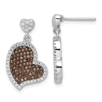 Pair of silver heart-shaped drop earrings with small diamond studs on top, featuring brown diamonds clustered in the larger heart pendant surrounded by white diamond halos.
