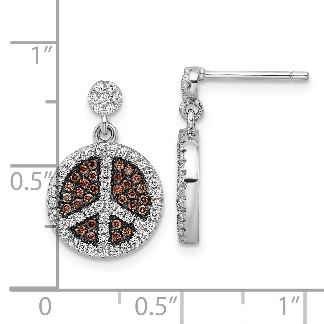 Silver peace sign dangle earrings with brown and white crystals, shown next to a ruler indicating approximately one inch in length.