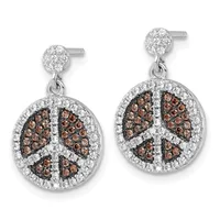 Pair of silver peace sign dangle earrings with cognac and white diamonds set in a halo design, shown on white background.