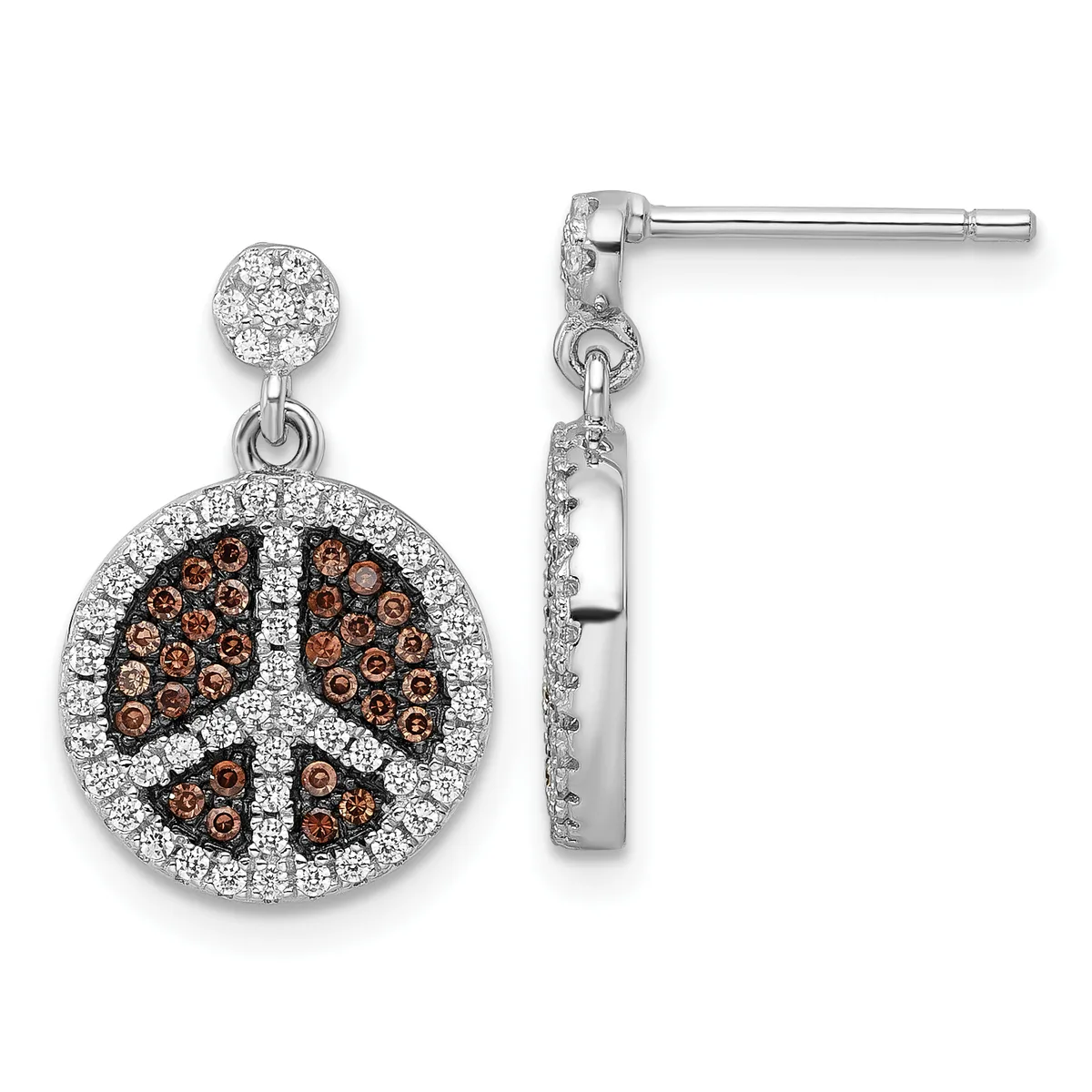 Pair of silver dangle earrings with small diamond-set spheres at the top and larger circular pendants featuring brown diamonds arranged in a peace symbol design surrounded by white diamonds.
