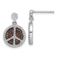 Pair of silver dangle earrings with small diamond-set spheres at the top and larger circular pendants featuring brown diamonds arranged in a peace symbol design surrounded by white diamonds.