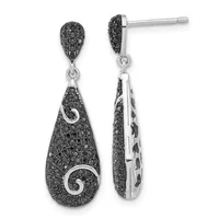 Pair of silver teardrop earrings with black gemstone paving and spiral swirl details, shown from front and side views.