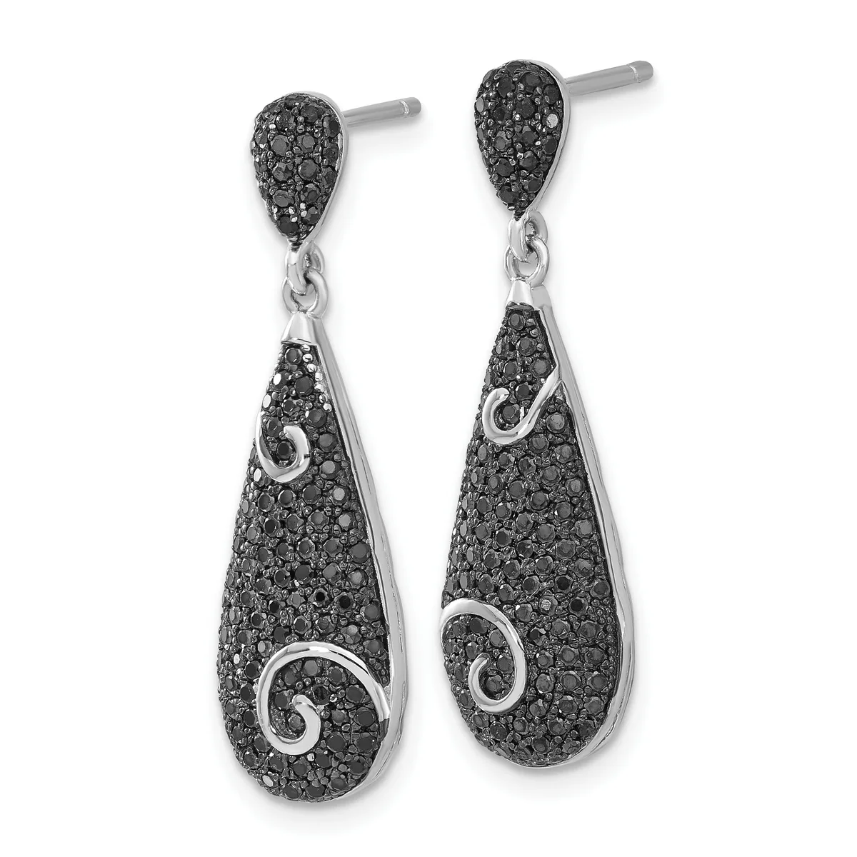 Pair of silver teardrop earrings with black gemstone paving and spiral silver accents, shown on posts.
