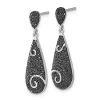 Pair of silver teardrop earrings with black gemstone paving and spiral silver accents, shown on posts.