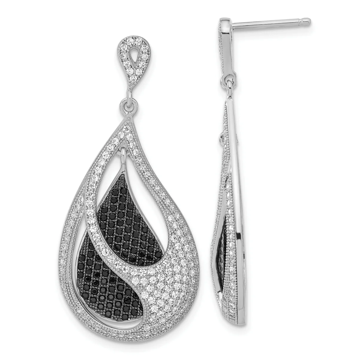 Pair of silver teardrop earrings with white and black cubic zirconia pavé, featuring elongated openwork designs with dangling posts.