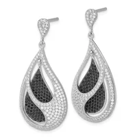 A pair of teardrop-shaped diamond and black gemstone dangle earrings with pave settings and post backs displayed against a white background.