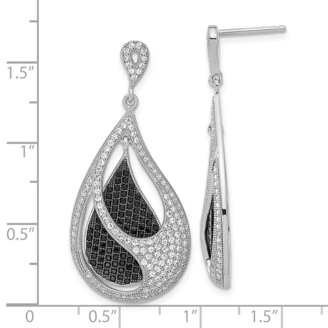 Pair of teardrop-shaped dangle earrings with cubic zirconia and black enamel detailing, shown front and side view against a measurement scale.