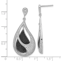 Pair of teardrop-shaped dangle earrings with cubic zirconia and black enamel detailing, shown front and side view against a measurement scale.