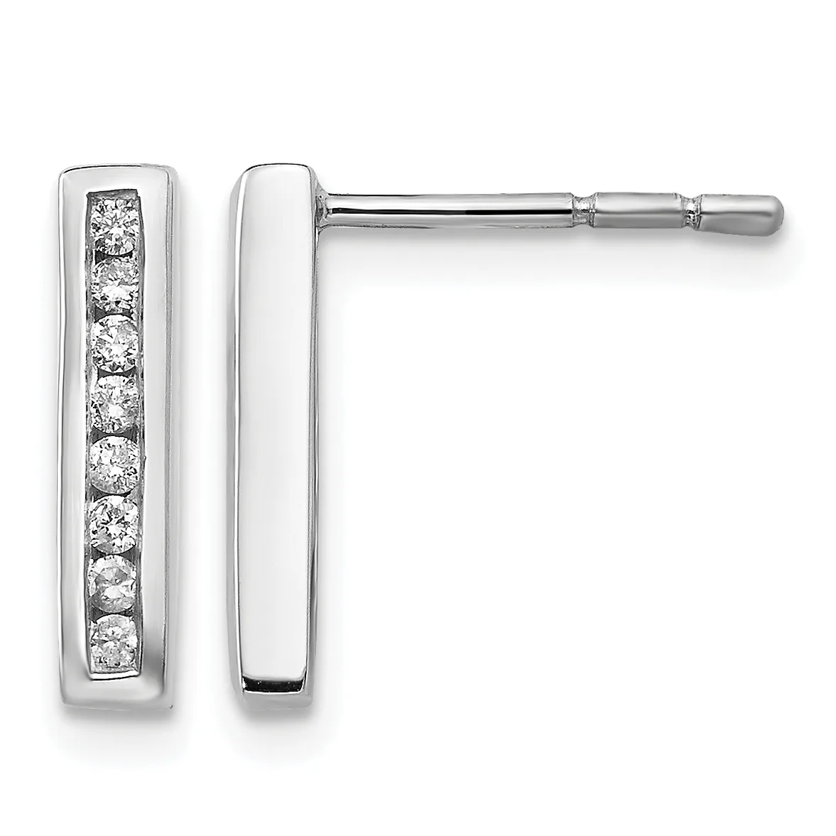 A pair of rectangular silver stud earrings with channel-set round diamonds, shown from front and side views on posts with backing nuts.