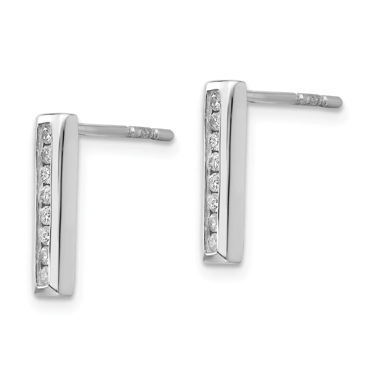 Pair of silver rectangular stud earrings with channel-set round diamonds along the center, shown from the front and side angles.