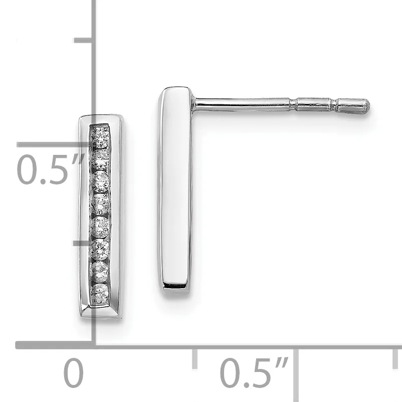 A pair of silver stud earrings with channel-set diamonds arranged vertically, shown with a measurement scale indicating approximately 0.5 inches in length.