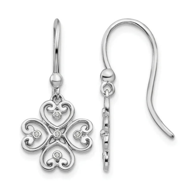 Pair of silver drop earrings with ornate four-lobed clover designs adorned with small round diamonds, shown from front and side views.