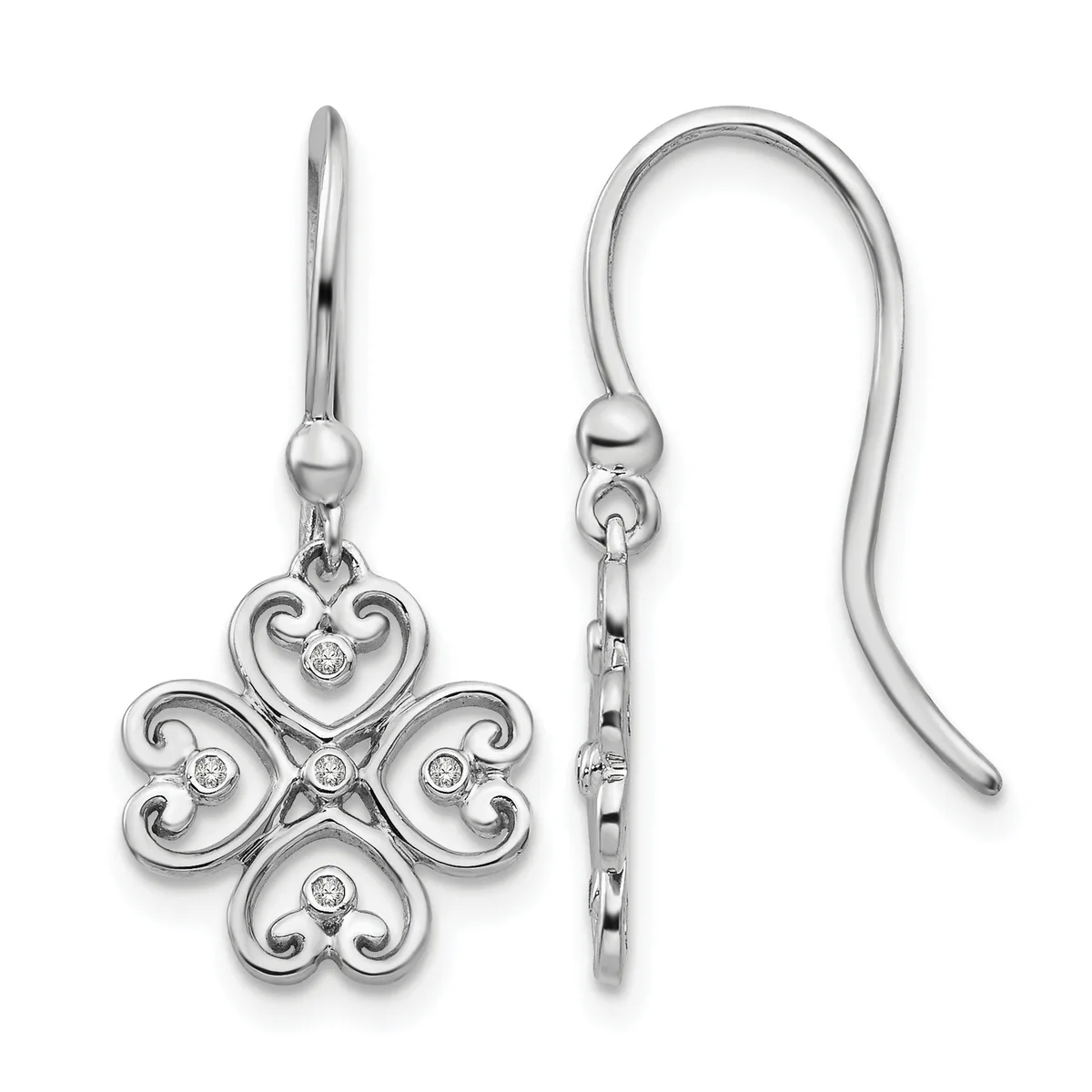 Pair of silver drop earrings with ornate four-lobed clover designs adorned with small round diamonds, shown from front and side views.