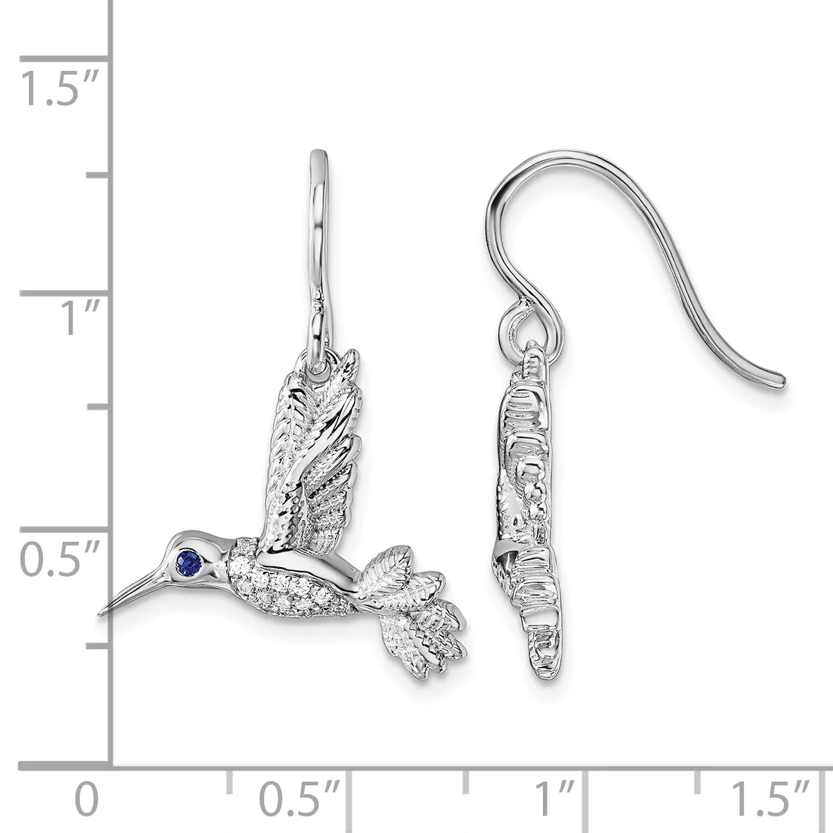 Silver hummingbird dangle earrings with diamond-like sparkle, sapphire eyes, and fish hook backs, shown next to a measurement ruler.