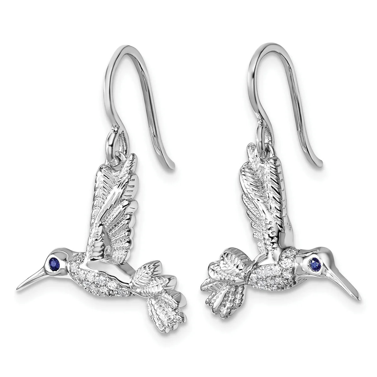 Pair of silver hummingbird dangle earrings with textured wings, small blue sapphire eyes, and fish hook ear wires.
