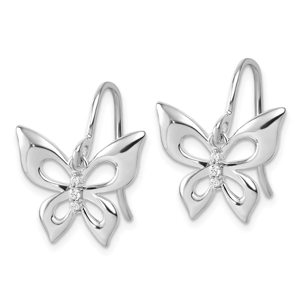 A pair of silver butterfly-shaped earrings with diamond accents along the center and lever-back hooks, shown from the front.