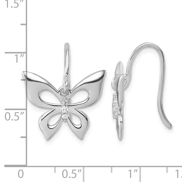 Silver butterfly earrings with diamond accents shown front and back view next to a measurement scale indicating approximately one inch in height.