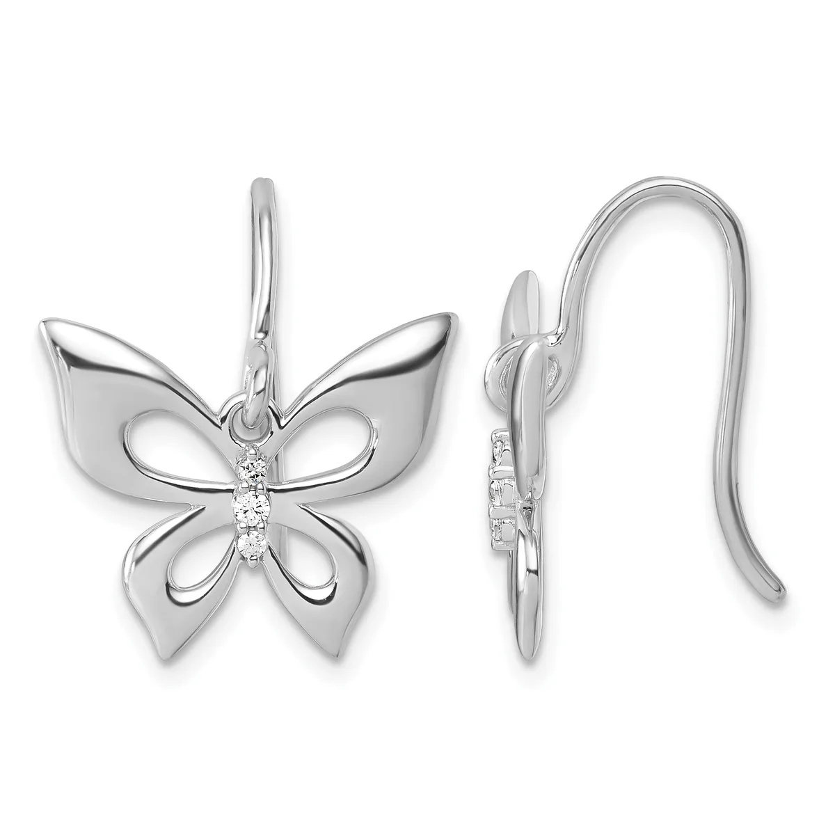 Pair of silver butterfly earrings with diamond accents on the body, shown from front and side views with shepherd's hook ear wires.