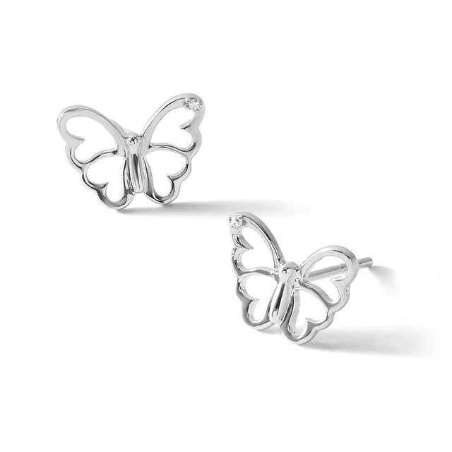 A pair of silver butterfly stud earrings with open wing designs and small diamond accents, shown from two angles against a white background.