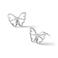 A pair of silver butterfly stud earrings with open wing designs and small diamond accents, shown from two angles against a white background.