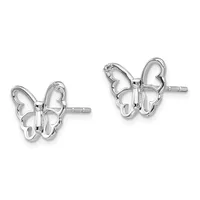 A pair of silver butterfly stud earrings with openwork wings and posts, shown from the front and at an angle.