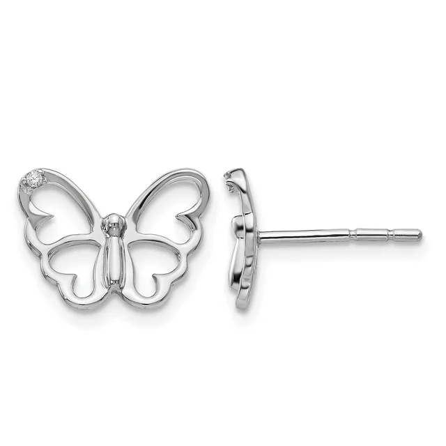 Pair of silver butterfly stud earrings shown from front and side views, featuring open wing designs with a small diamond accent on one wing and posts for pierced ears.