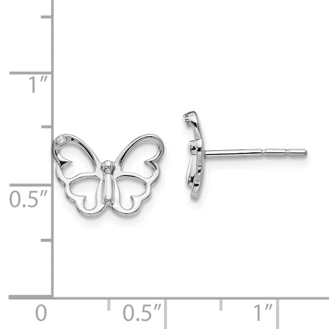 Silver butterfly stud earrings with open wing cutouts, shown from front and side views next to a measurement scale indicating approximately 0.5 inches in width.