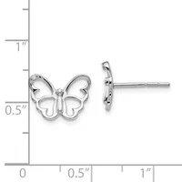 Silver butterfly stud earrings with open wing cutouts, shown from front and side views next to a measurement scale indicating approximately 0.5 inches in width.