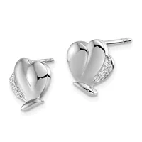 A pair of polished silver heart-shaped stud earrings with small diamonds set along one side of each heart, shown from the front against a white background.