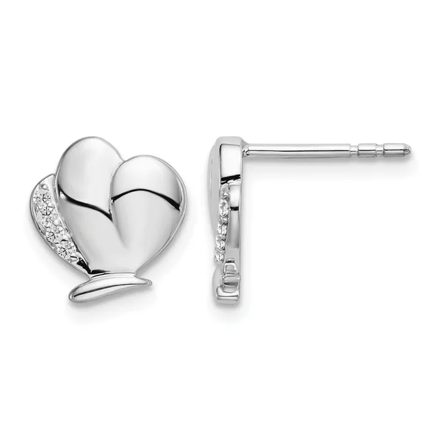 Pair of silver heart-shaped stud earrings with polished domed surfaces and diamond accents along one side, shown from front and side views.