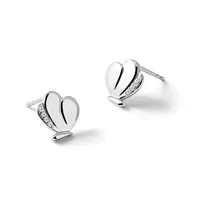 Pair of silver heart-shaped stud earrings with polished surfaces, black enamel stripe details, and small diamond or crystal accents on the sides.