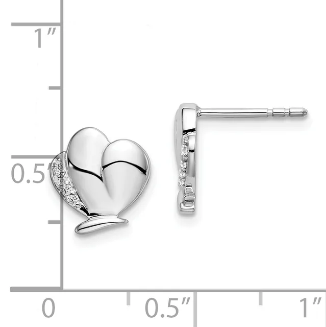 Pair of silver heart-shaped stud earrings with diamond accents, shown next to a measurement scale indicating approximately half an inch in height.