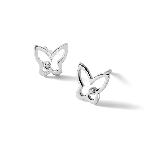 Pair of silver butterfly-shaped stud earrings with small round gemstones set in the center of each wing, shown on white background.
