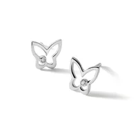 Pair of silver butterfly-shaped stud earrings with small round gemstones set in the center of each wing, shown on white background.