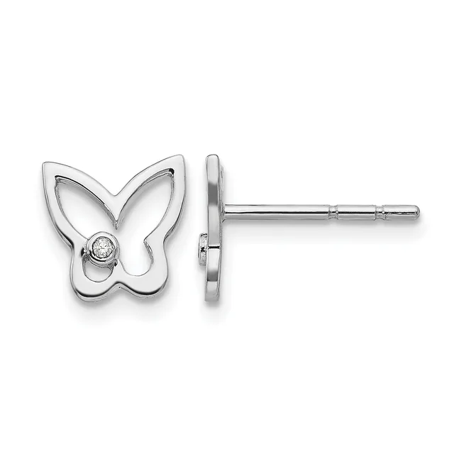 A pair of silver butterfly-shaped stud earrings with a small diamond or crystal accent in the center of each wing, shown from front and side views.