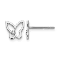 A pair of silver butterfly-shaped stud earrings with a small diamond or crystal accent in the center of each wing, shown from front and side views.