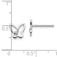 Silver butterfly stud earrings with a small diamond in the center, shown from front and side view with a measurement scale indicating approximately 0.5 inches in height.