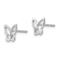 Pair of silver butterfly stud earrings with small round gemstones in the center, shown from the front against a white background.