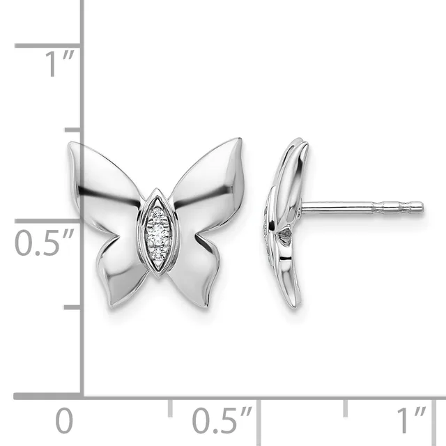 Silver butterfly stud earrings with diamond centers, shown from front and side views next to a measurement scale indicating approximately half-inch width.