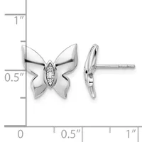Silver butterfly stud earrings with diamond centers, shown from front and side views next to a measurement scale indicating approximately half-inch width.