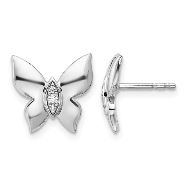 Silver butterfly stud earrings with polished wings and a center oval setting of small diamonds, shown from front and side views.