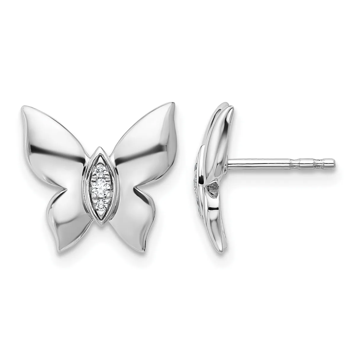 Silver butterfly stud earrings with polished wings and a center oval setting of small diamonds, shown from front and side views.