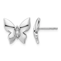 Silver butterfly stud earrings with polished wings and a center oval setting of small diamonds, shown from front and side views.