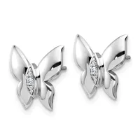 A pair of silver butterfly-shaped stud earrings with polished wings and a row of small diamonds set along the center body of each butterfly.