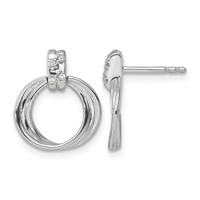 Pair of silver circular drop earrings with diamond accents on the posts, shown from front and side views.