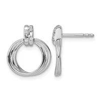 Pair of silver circular drop earrings with diamond accents on the posts, shown from front and side views.