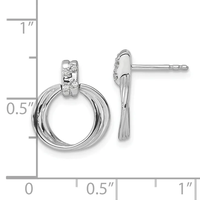 Silver hoop earrings with diamond accents on posts, displayed next to a measurement scale showing approximately one inch in length.