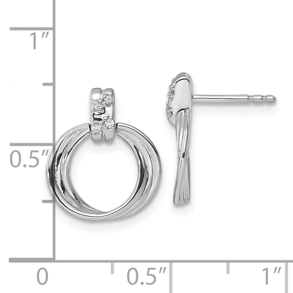 Silver hoop earrings with diamond accents on posts, displayed next to a measurement scale showing approximately one inch in length.